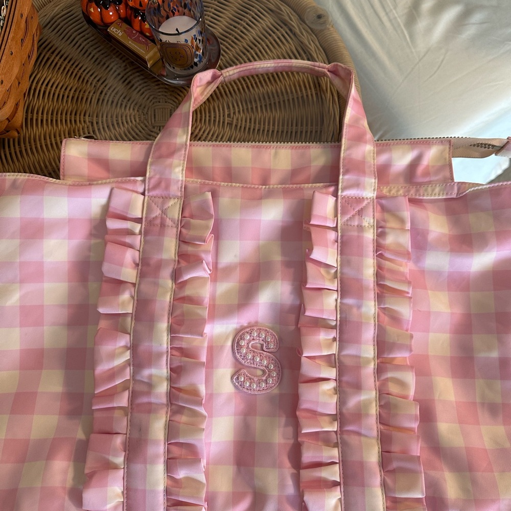 Stoney Clover Lane Pink Gingham Ruffle Tote Bag with “S” Patch | Limited Edition